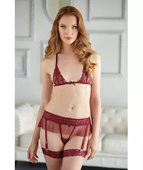 Lace and Mesh Bra and Garter GString 2 Piece Set