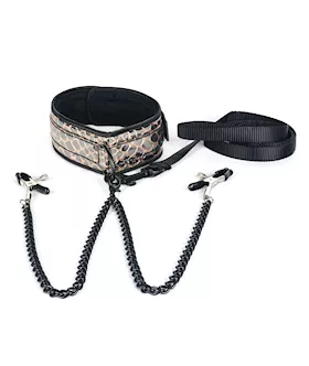 Spartacus Faux Leather Collar amp Leash wBlack Nipple Clamps  Gold