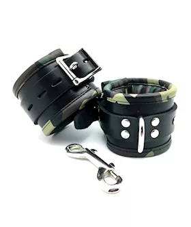 Sensual Sin Leather Padded Wrist Cuffs  Camo Piping