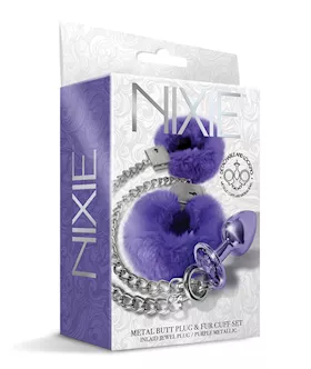 Nixie Metal Butt Plug wInlaid Jewel amp Fur Cuff Set  Purple Metallic