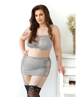 Curve Layne Lace amp Microfiber Bralette wGarter Skirt amp GString Gray 3X4X