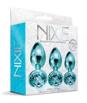 Nixie Metal Butt Plug Trainer Set wInlaid Jewel Blue Metallic