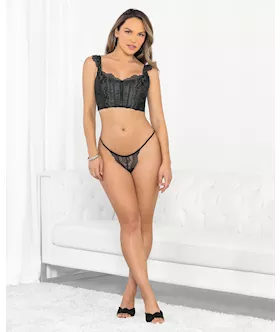 Silver Lurex Lace Corset Top wGString BlackSilver LG