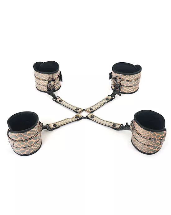 Spartacus Faux Leather Wrist & Ankle Restraints W/hog Tie - Gold
