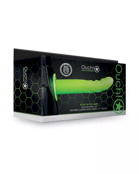 Shots Ouch 8" Textured Curved Hollow Strap On - Glow In The Dark