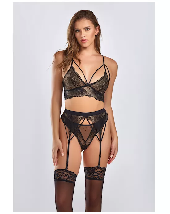 Everly Dot Mesh & Galloon Lace Strappy Bra, Garterbelt & Hipster Panty Black Sm