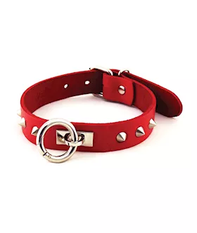 Rouge Leather O Ring Studded Collar  Red