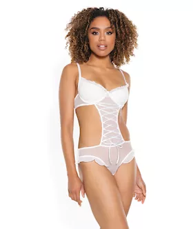 Stretch Mesh Ruffled Crotchless Teddy White MD