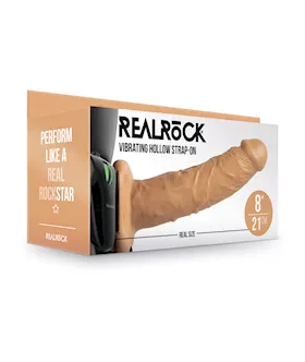 Shots RealRock 8quot Vibrating Hollow Strap On WO Balls Tan