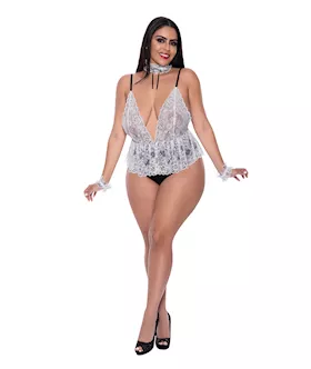 Dress Up Full Service Lace Deep V Teddy wCollar amp Wrist Cuffs BlackWhite QN