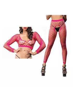 Beverly Hills Naughty Girl Crotchless All Over Mesh Leggings Pink OS